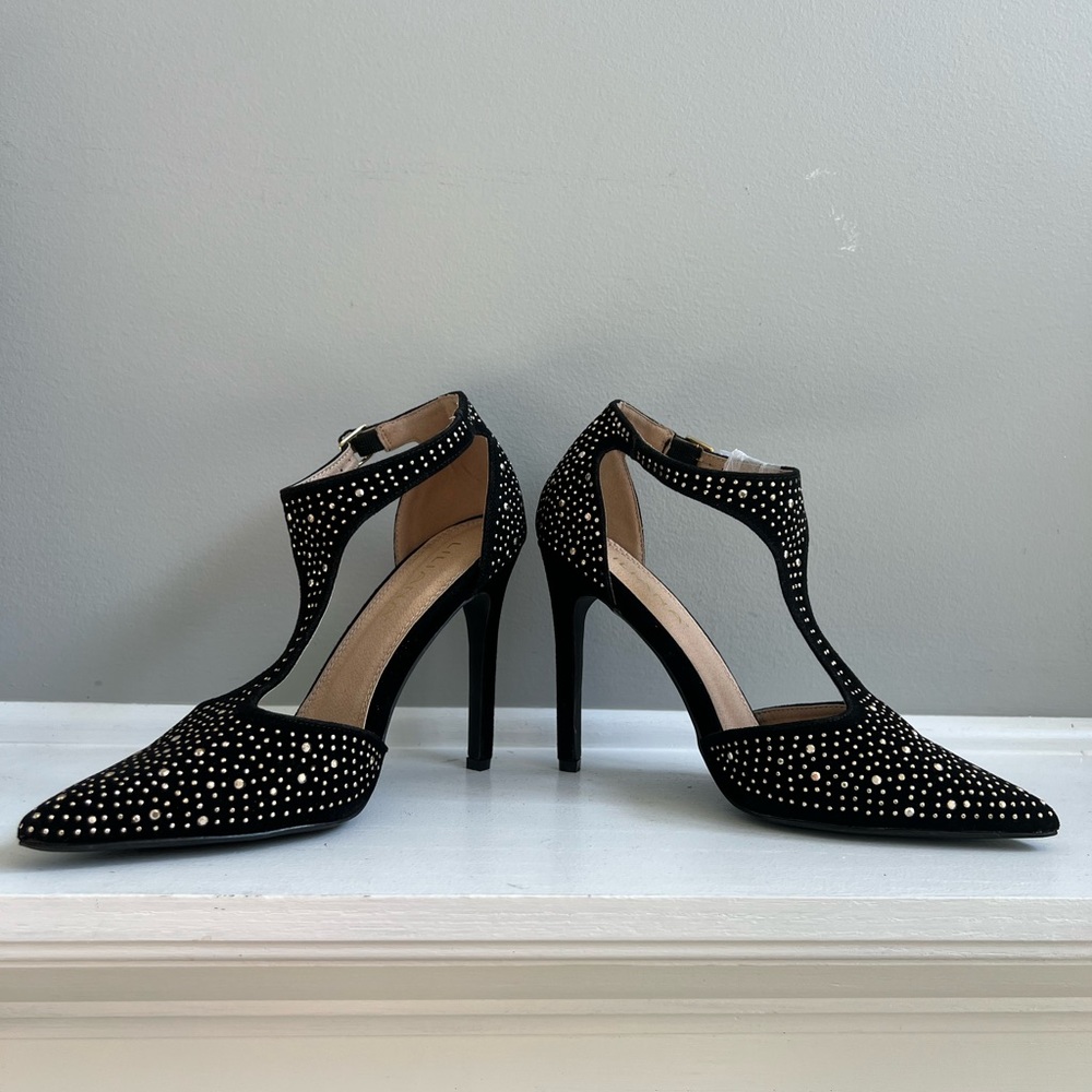 Lilana Black Womens Size 6 Heels Sliver Rhinstones